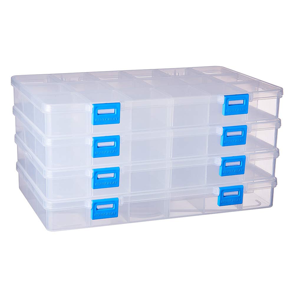 BENECREAT 4 PACK 18 Grids Plastic Storage Box Jewellery Box with Adjustable Dividers Earring Storage Containers Clear Plastic Bead Case(24x14.5x3cm, Compartment: 4x3.5x2.6cm)