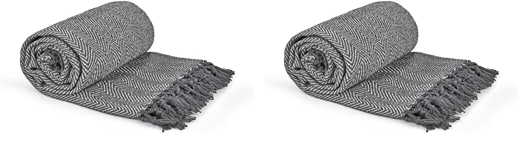 Emma Barclay Herringbone - Recycled Cotton Patterned Chair Sofa Setee Bed Throw Over Blanket in Silver Grey - 50x60 (127x152cm) (Pack of 2)