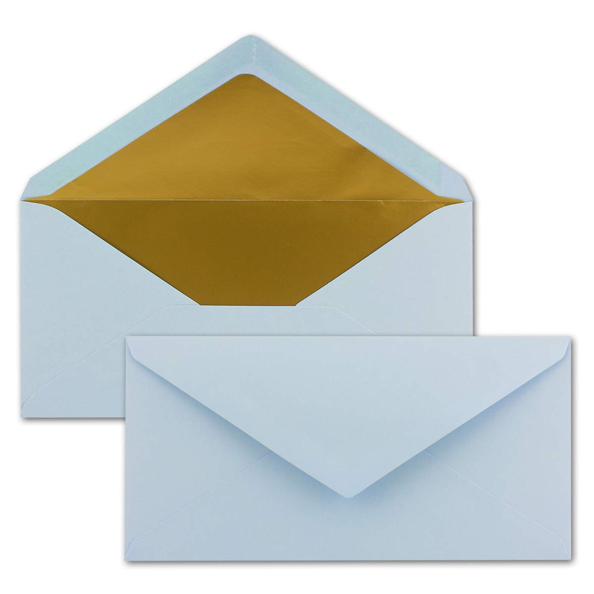 Long Envelopes size DIN Long, gummed, wet seal, Gold / Silver metallic lining 50 Umschläge Light blue (EN) Gold