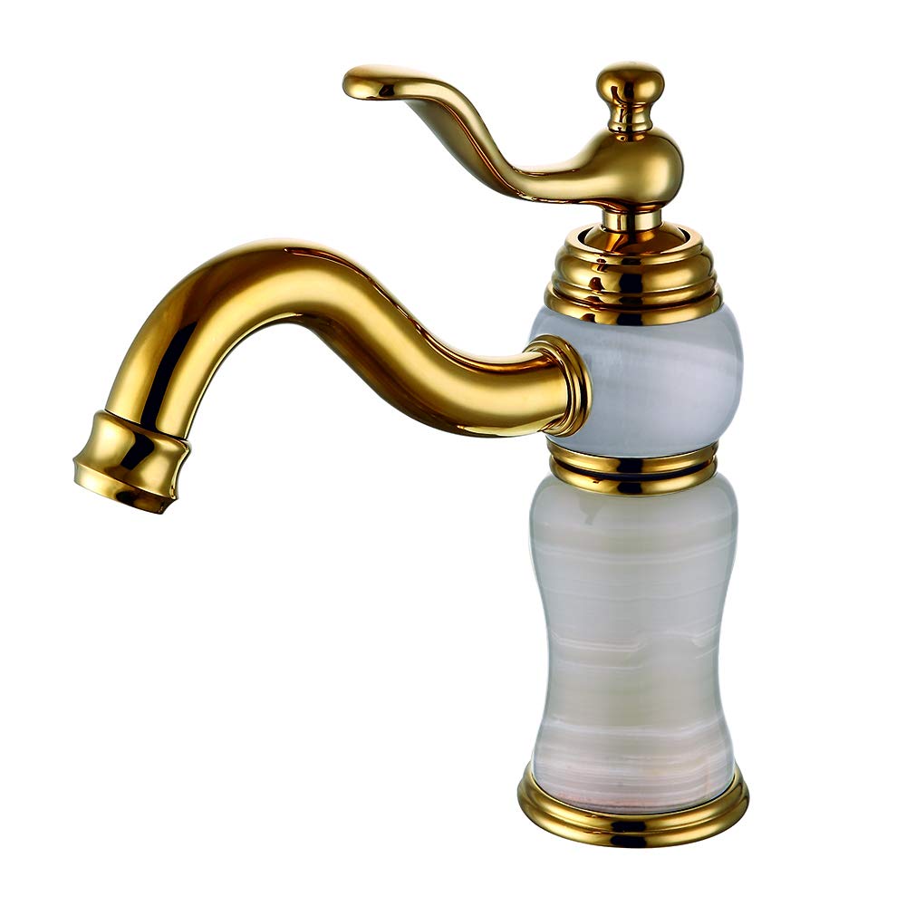 Photo 1 of **DAMAGED HANDLE/PARTS ONLY**LANC Luxury Stone Bathroom Faucet European All Copper and Natural White Jade Basin Faucet Hot and Cold Mixer Tap Gold Finished C12123DS-BY