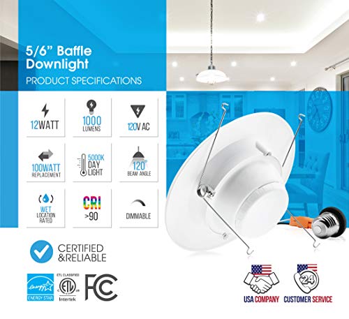 Parmida (4 Pack) 5/6 inch Dimmable LED Downlight, 12W (100W Replacement), Baffle Design, Retrofit Recessed Lighting, Can Light, LED Trim, 5000K (Day Light), 1000lm, Energy Star & ETL - Thumbnail 2
