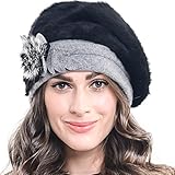 Retro Women Floral Trimmed Wool Blend Cloche Winter Hat (Angola-black)