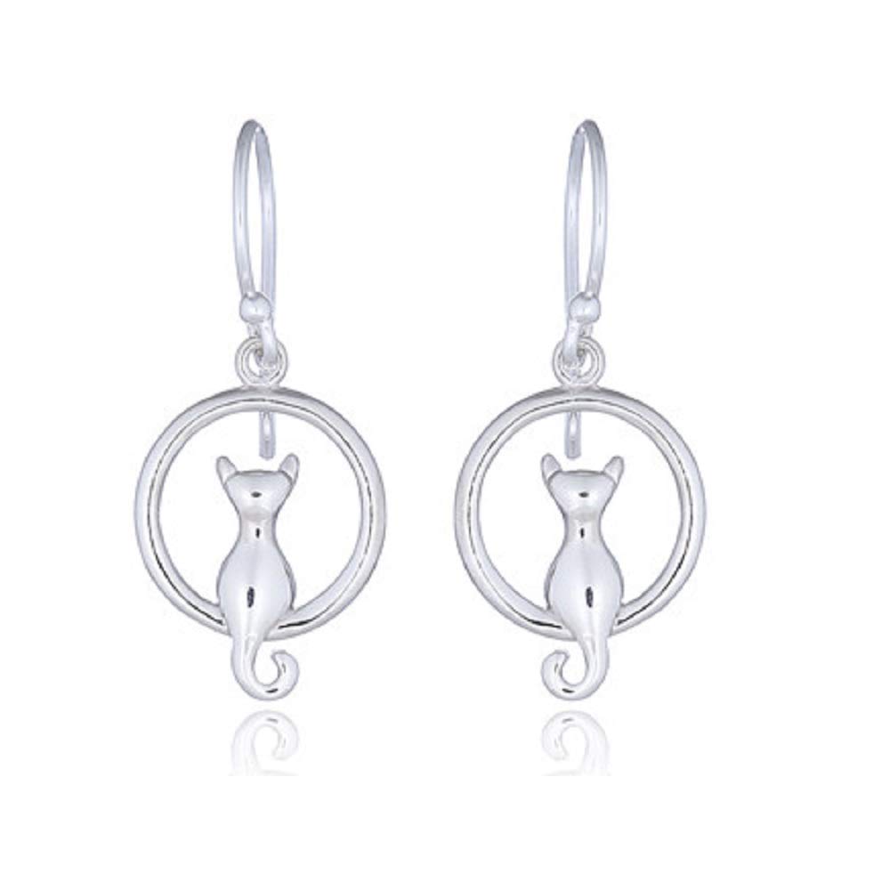 BellaMira Lifestyle Accessories Elite Sterling Silver Cat in Moon Necklace or Earrings (as Chosen) Lovely Unique Birthday Gift for Girls Women (Cat in Moon Earrings)