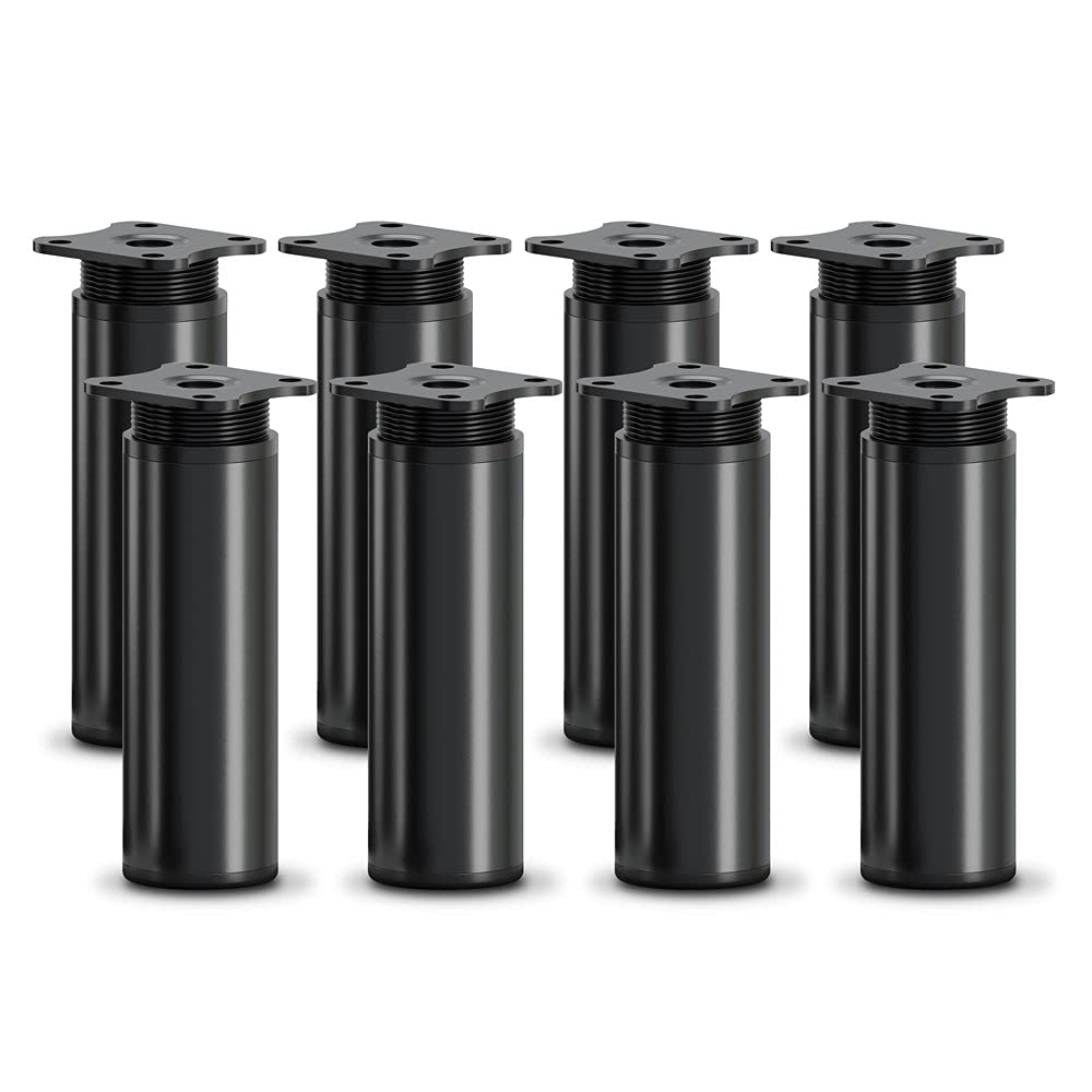 sossai® MFR1 design furniture feet, height adjustable, set of 8, round profile, diameter 40 mm, colour: black matt, height: 120 mm (+20 mm), material: aluminium, wood screws included