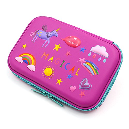 3D Rainbow Unicorn Embossed Hardtop Pencil Case - School Girls Large Colored Pen Holder Box With Compartments - Kids Cute Cosmetic Pouch Bag Stationery Organizer (Purple)