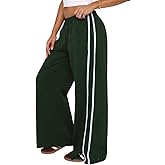 Justalwart Women's Elasticated Waistband Side Pockets Double Stripe Split at Bottom Hem Wide Leg Pants