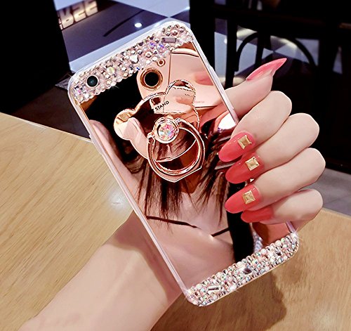 Galaxy Note 5 Glitter Case,Galaxy Note 5 Case,Leeook Creative Mirror Effect Diamond Soft Silicone Case Cover with Bear Ring Kickstand for Samsung Galaxy Note 5-Rose Gold