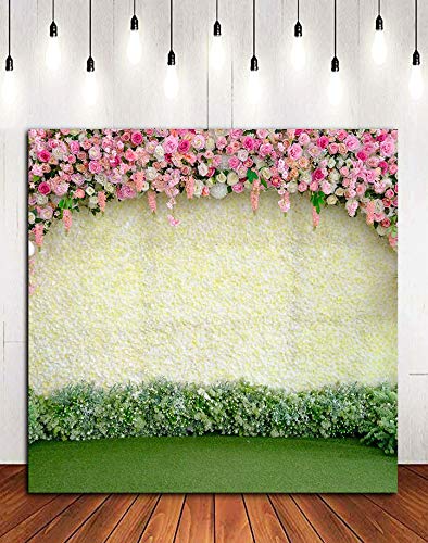 Spring Floral Wedding Party Supplies Photo Background Vinyl 6x6ft Flower Wallpaper Picture Green Grass Lawn Photography Backdrop Bridal Shower Photo Booths Studio Props Decorations Banner