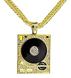 Xusamss Hip Hop DJ 18K Gold Plated Crystal Phonograph Tag Pendant Necklace with Chain