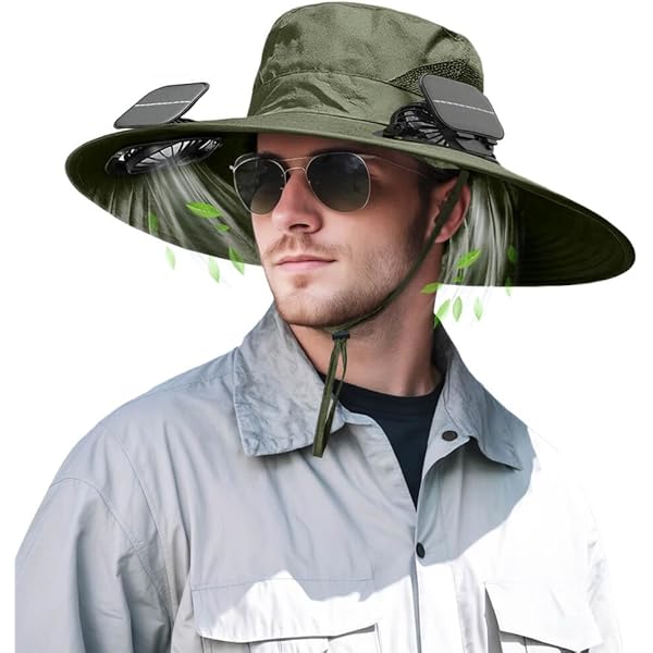 Solar Fan Outdoor Hat Solar Fan Hat For Men – Wide Brim Fishing Hat With Built-in Solar-Powered Fans, UPF 50 , 3-Speed Cooling, Grey Hat Fan