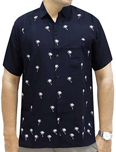 La Leela Aloha Hawaiian Tropical Beach Solid Plain Mens Casual Short Sleeves Button Down Tropical Shirts 2XL Blue