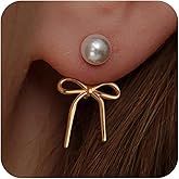 Risamil 14K Gold Plated/Silver Earrings for Women Trendy, Dainty Bow Earrings for Women Cute Pearl Huggie Earring Hoops Twist Rope Bow Stud Pearl Dangle Cubic Zirconia Earrings Jewelry Gifts