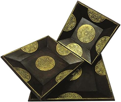 Crafticia Craft Rajasthani Unique Wooden Handicraft Square Serving Tray Set Of 3 With Brass Work Decorative Gift Item Traditional Indian Showpiece
