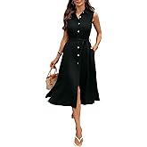 vinglam Women's Linen Midi Dress Button Down Shirt Dresses 100% Linen Collar Sleeveless Belt Dress with Pockets