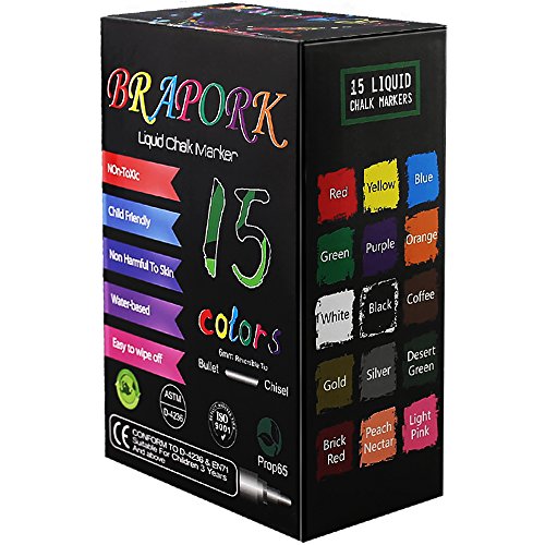 Brapork Liquid Chalk Markers [ Pack of 15 Color ] - for Chalkboard Signs, Blackboards, Glass, Windows, Car Doodle