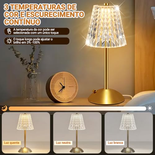 Abajur Quarto Sem Fio, Abajur de Mesa, Luminária Sem Fio Touch Recarregável