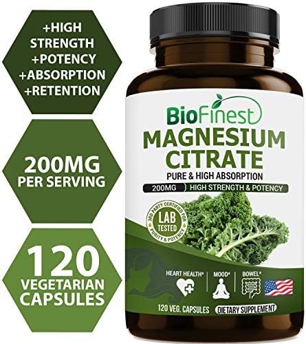 Biofinest Magnesium Citrate 200mg - Organic Gluten-Free Non-GMO - Made in USA - Rapid Absorption Supplement for Healthy Heart, Bone, Mood Enhancement, Sleep Health (120 Vegetarian Capsules)