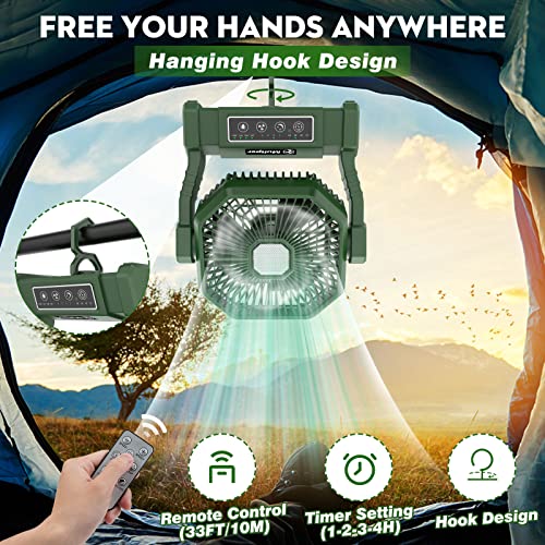 Camping Fan with LED Light, Portable Rechargeable Fan for Outdoor Camping Tent with Remote, Powerful 4 Speeds USB Desk Fan for Fishing, Power Outage, Picnic