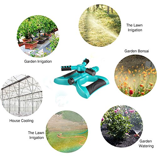 Lawn Sprinkler, Automatic 360°Rotating Garden Sprinkler Heads Adjustable Garden Watering Sprinklers with 3600 SQ FT Coverage Lawn Irrigation System Leak Free Design Durable 3 Arm Sprayer for Kids Play