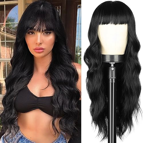 45 discount on POPTAIYU Black Wigs with Bangs Long Wavy Wig for Women