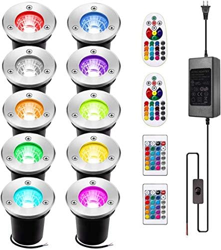 INNERWILL Panorama Lighting 10Pack 3W RGB INNERWILL Shade Altering LED Lights Low Voltage IP67 Waterproof Floor Gentle with Distant Controls and Transformer for Out of doors, Backyard, Garden, Pathway, Deck