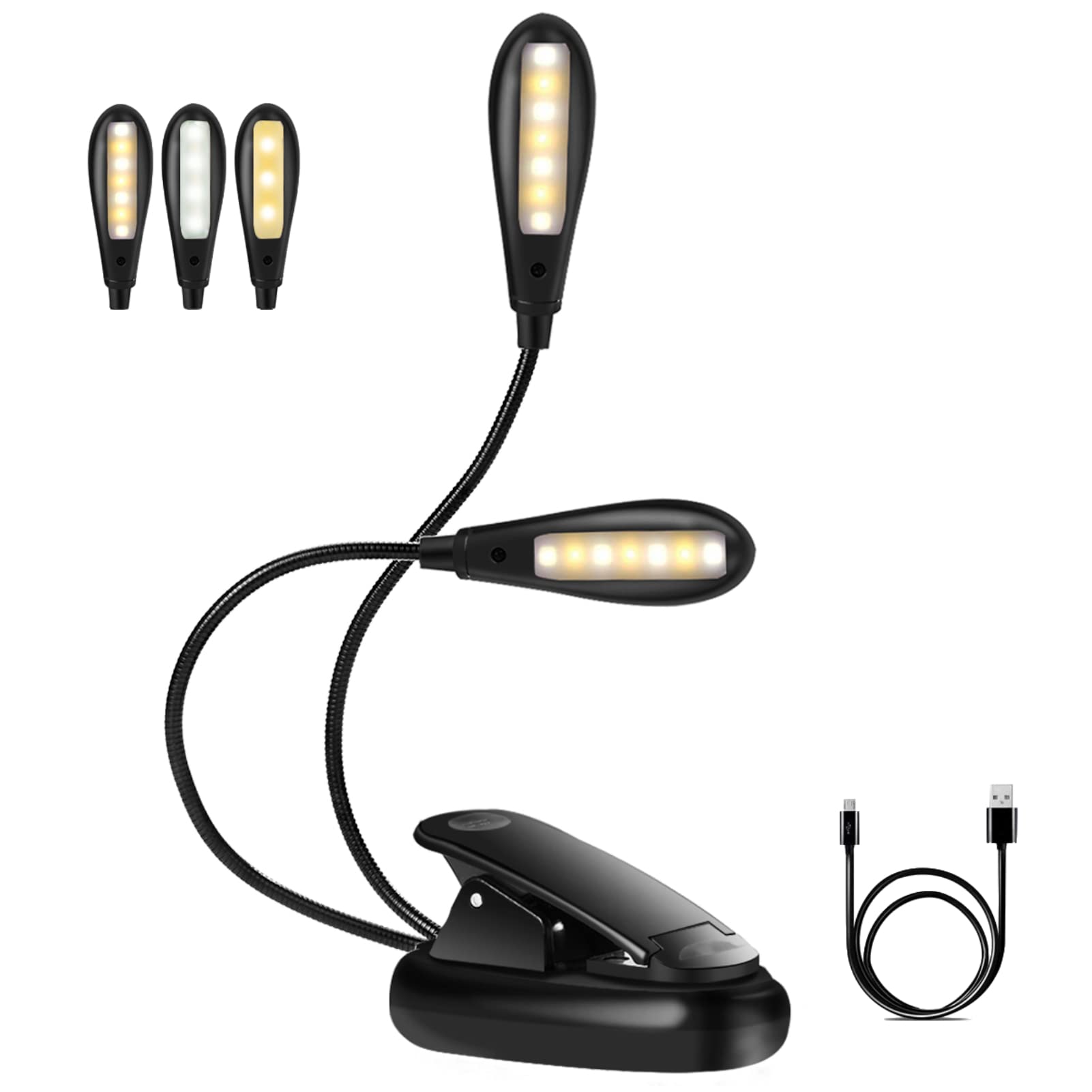 eecoo Book Light, 14 LED Double Head USB Rechargeable Reading Light, 3 Colors 9 Brightness Flexible Music Stand Light, Eye-Care LED Clip on Lamp for Readers, Bed, Home, Office