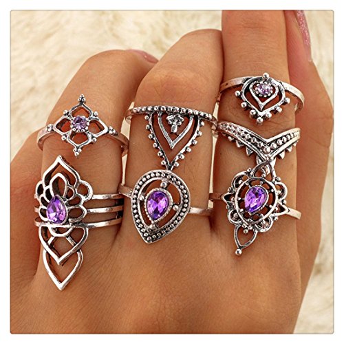 Hmlai Clearance! 7Pcs/Set Women Rings Set Natural Gemstone Fire Opal Diamond Ring Wedding Engagement Jewelry Gift - Thumbnail 6