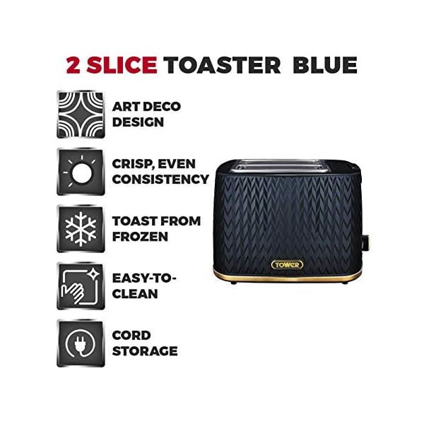 Tower T20054MNB Empire 2-Slice Toaster with Defrost/Reheat, Removable Crumb Tray, 900W, Midnight Blue and Brass