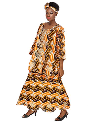 African Planet Geometric Print Drawstring Flared Skirt Blouse Matching Headwrap