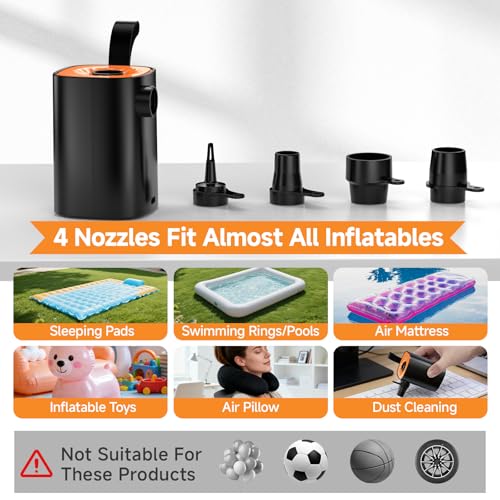 Electric Air Pump, 4000 mAh Battery Air Pump with LED Lighting/Hanging Hook/4 Air Nozzles, 5 kPa, 360 l/min for Air Mattress/Sleeping Mat/Inflatable Sofa/Paddling Pool/Pool/Vacuum Bag/Camping