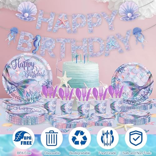 Kastwave 118Pcs Mermaid Birthday Party Supplies Decorations Set Includes Plates, Napkin, Fork, Cup, Tablecloth, Banner For Baby Shower Ocean Decorations, Serves 16