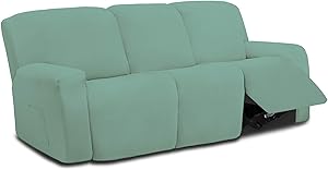 Easy-Going 8 Pieces Microfiber Stretch Sectional Recliner Sofa Slipcover Soft Fitted Fleece 3 Seats Couch Cover Washable Furniture Protector with Elasticity for Kids Pet(Recliner Sofa,Cyan)