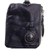 JSBWSFA Medieval Pouch, Mini Genuine Leather Coin Pouch Genuine Cowhide Handcrafted Keychain Coin Organizer Zipper Coin Pouch with Card Slot Credit Card Holder Keychain Coin Purse (Black)