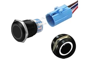 QUENTACY 19mm Latching Push Button Switches SPDT ON/Off Waterproof Black Metal 12V Ring LED with Wire Plug (White)
