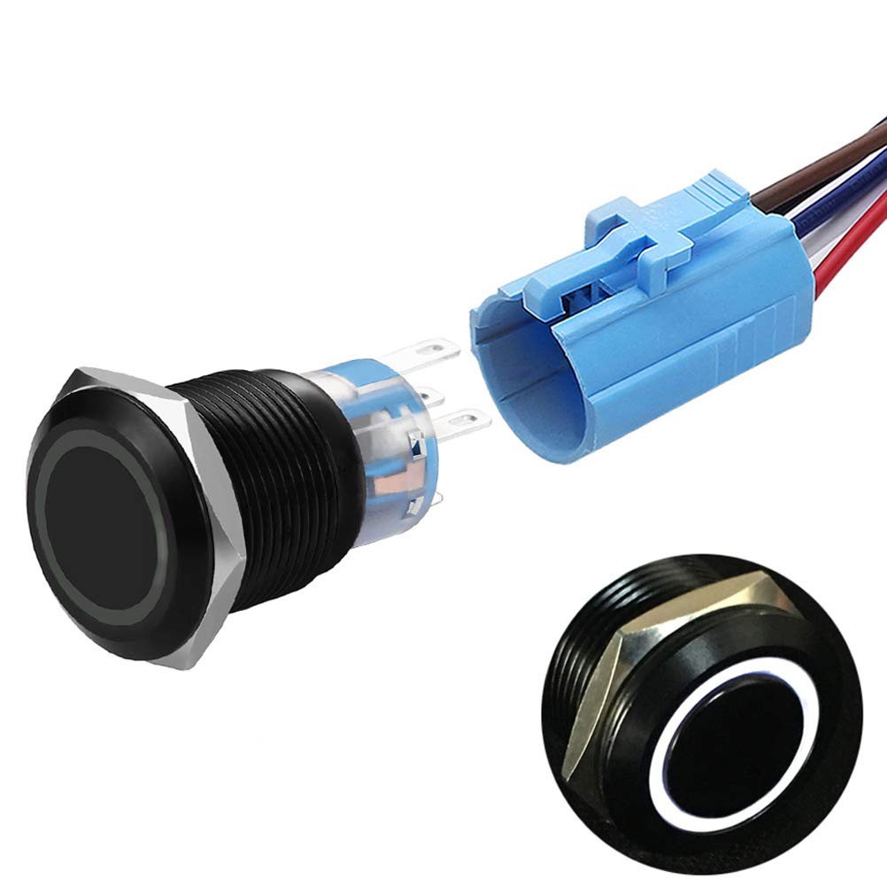 Photo 1 of 19mm Latching Push Button Switches SPDT ON/Off Waterproof Black Metal 12V Ring LED with Wire Plug (White)