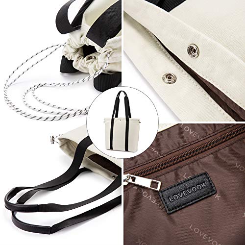 LOVEVOOK Canvas Shopper Damen Handtasche Schultertasche Umhängetasche Einkaufen Arbeiten Schule Reisetasche PU-Griff Schrumpfseil Henkeltasche Cremeweiß