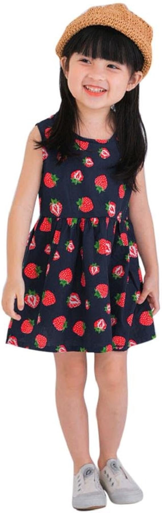 Amazon Tonsee 女の子 ワンピース 可愛い いちご パタン プリンセスドレス ガールズ ノースリーブ サマードレス ワンピース チュニック 通販