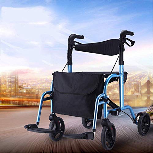 LMEIL 4 Wheels Walker Rollator Adjustable Height Adult Folding Transport Chair, Reversible Backrest, Detachable Footrests and Detachable Storage Bag for Elderly