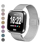 MEFEO Compatible with Fitbit Versa Bands, Stainless Steel Metal Band Mesh Bracelet with Strong Magnet Lock Wristbands Replacement for Fitbit Versa/Versa 2/Versa Lite/SE (Silver, Small)