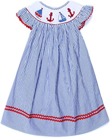 Babeeni Baby Girls Smocked Dress with Angel Sleeves Anchor &amp; Boat (12M)