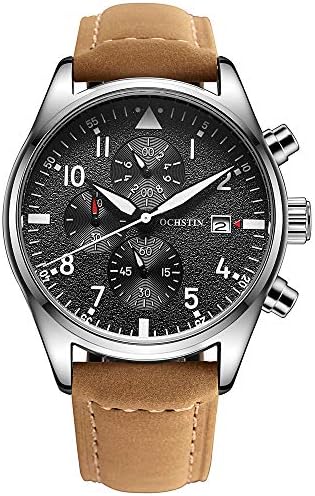 Fashion Aviator Mens Military Chronograph Watch Dress Black Leather Strap Date Quartz Analog Casual Watches