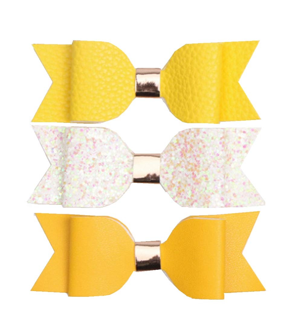 Girl Big Bow Faux Leather Glittery Hair Clip Set Multicolor Hairpin for Toddler/Girl/Adult 3 PCS (set 03)
