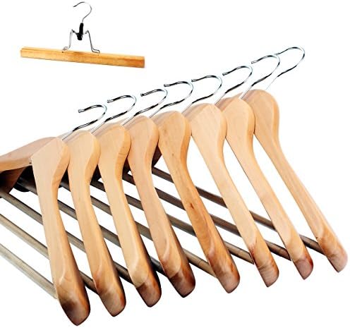 Coat Hanger 8-Pack, MEQUTION Wood Hangers Trouser Hangers Extra Wide Shoulder Wooden Hangers for Heavy Coat, Sweater, Skirt, Suit, Pants, Natural Finish