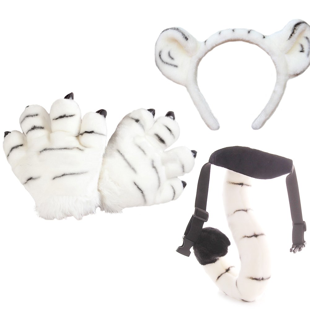 OLizee Plush Kids Tiger Party Costume Set Performance Props Cute Headband Tail Paws, White