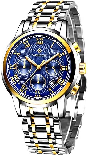 WISHDOIT Mens Watches Luxury Waterproof Stainless Steel Analog Quartz Military Chronograph Watch for Men Fashion Casual Dress Gold Blue Wrist Watch