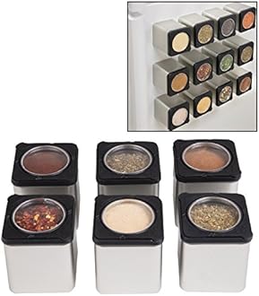 Magnetic Spice Jars - Shake or Pour Containers Attach to Most Refrigerator Doors & Appliances - Set of 6 Seasoning Dispensers - Easy Open Window Top Shakers; Salt Pepper Organize Space Saving Baking