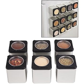 Magnetic Spice Jars - Tins Attach to Most Refrigerator Doors - Shake or Pour Containers - (Set of 6 Dispensers)