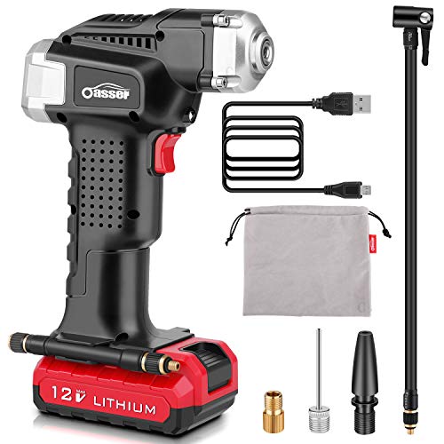 Oasser Air Compressor Tire Inflator Cordless Air Pump for Cars Motorcycles Bicycles with Digital Pressure Gauge 2000mAh Lithium Battery USB Charging 120PSI P2A