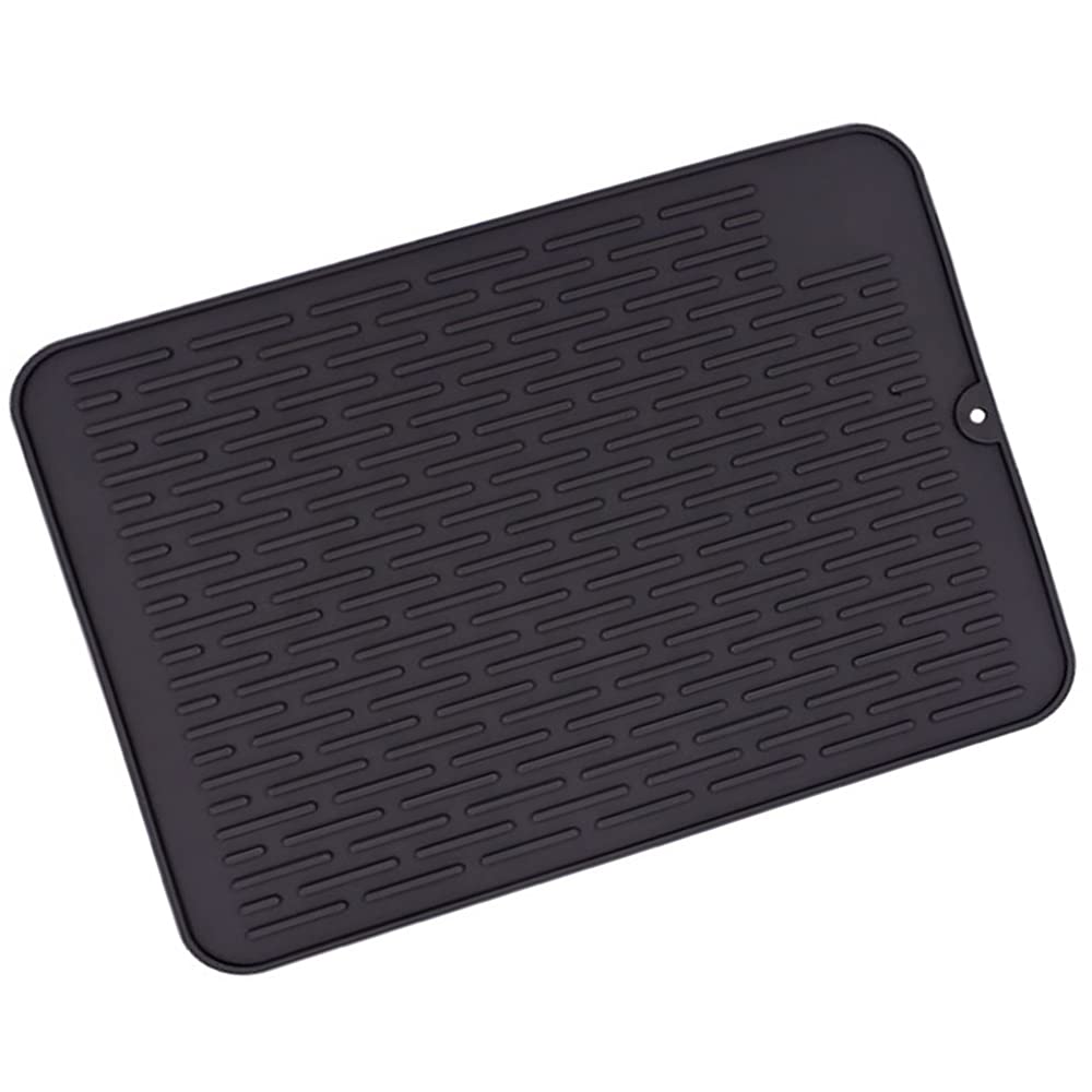 Dish Drying Mat, 40cm x 30cm Silicone Draining Board Non-Slip Heat Resistant Mat for Hot Pots Pans Dishes Spoon Rest (Black)