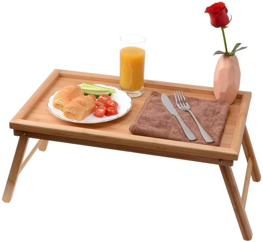 Three Secondz Bed Tray/Laptop Desk Lap Desk Foldable Portable Standing Outdoor Camping Table, Breakfast Reading Tray Holder for Bed, Terrace, Kitchen ~ Random Color/Design (Bamboo Tray Table)